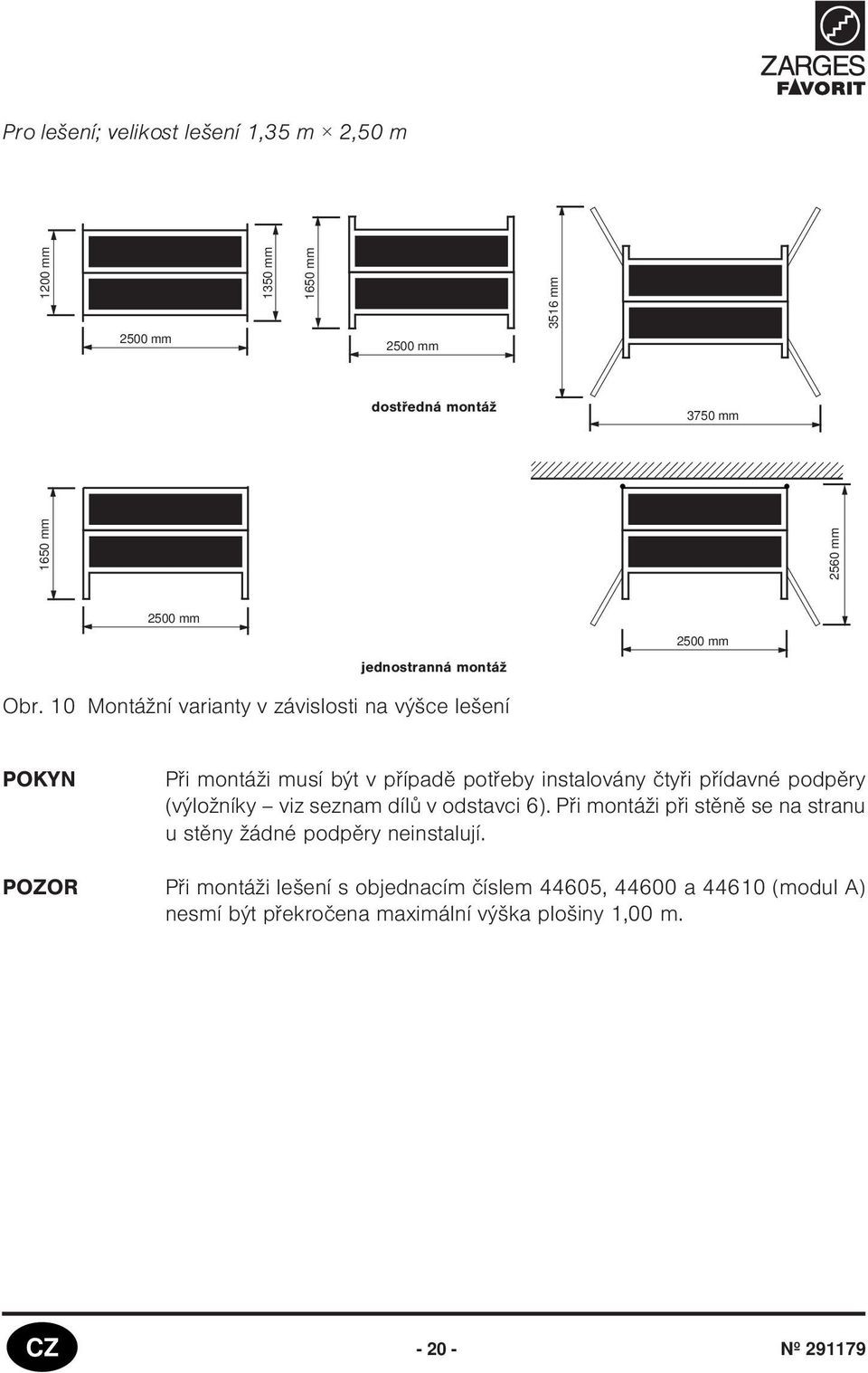 0 Montážní varianty v závislosti na výšce lešení POKYN Pøi montáži musí být v pøípadì potøeby instalovány ètyøi pøídavné podpìry