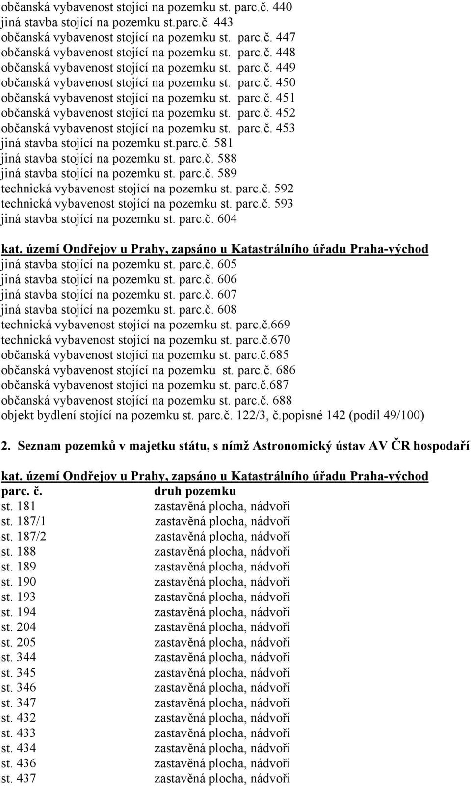 parc.č. 452 občanská vybavenost stojící na pozemku st. parc.č. 453 jiná stavba stojící na pozemku st.parc.č. 581 jiná stavba stojící na pozemku st. parc.č. 588 jiná stavba stojící na pozemku st. parc.č. 589 technická vybavenost stojící na pozemku st.