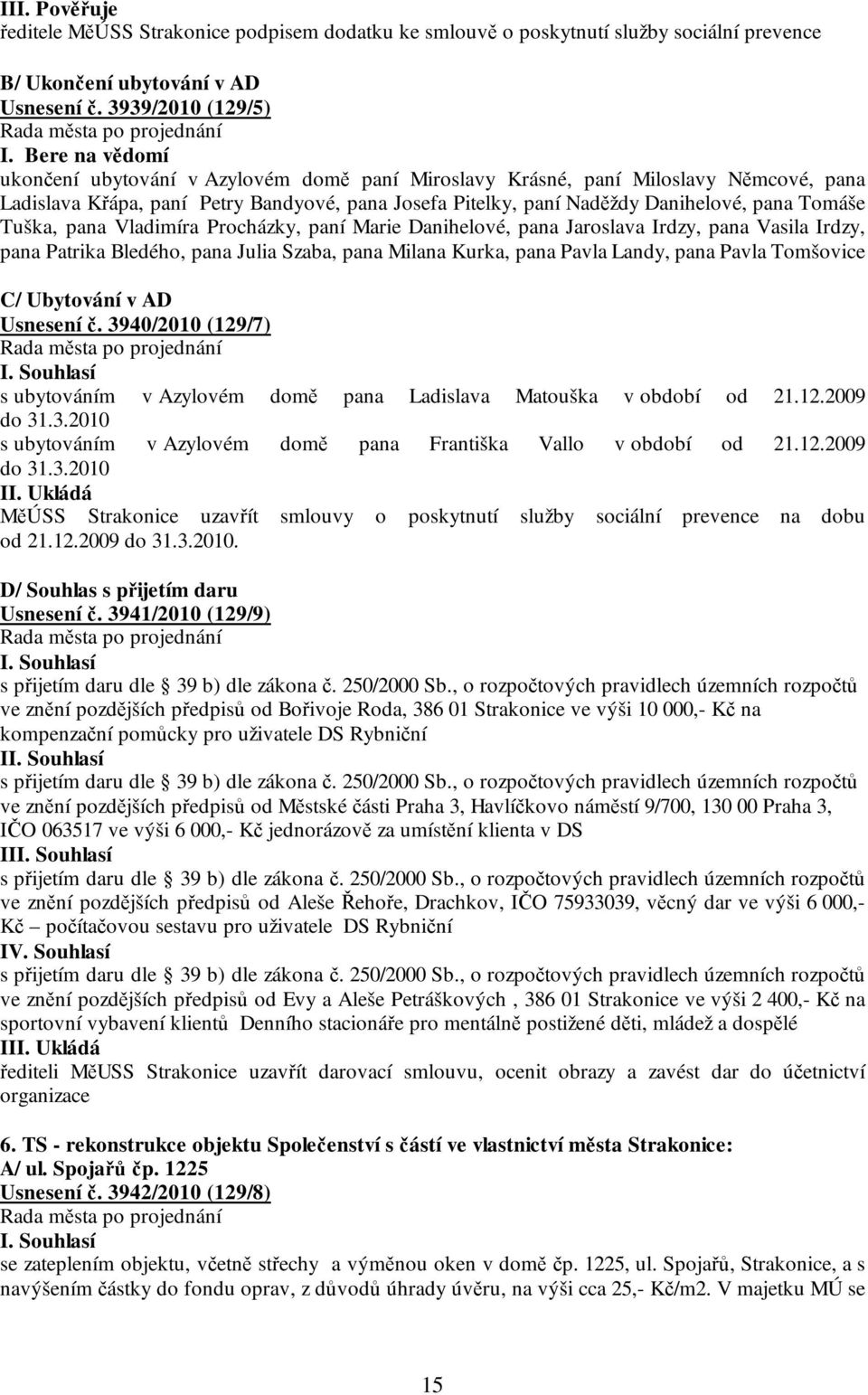 Tuška, pana Vladimíra Procházky, paní Marie Danihelové, pana Jaroslava Irdzy, pana Vasila Irdzy, pana Patrika Bledého, pana Julia Szaba, pana Milana Kurka, pana Pavla Landy, pana Pavla Tomšovice C/