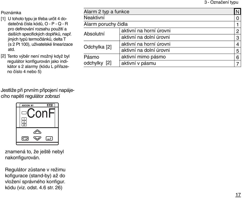 [] Tento výběr není možný když byl regulátor konfigurován jako indikátor s alarmy (kódu L přiřazeno číslo 4 nebo 5) Alarm typ a funkce N Neaktivní 0 Alarm poruchy čidla Absolutní aktivní na horní