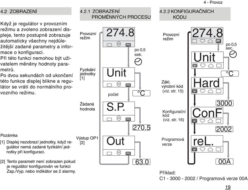 Pozámka [] Displej nezobrazí jednotky, když regulátor nemá zadané fyzikální jednotky při konfiguraci. [] Tento parametr není zobrazen pokud je regulátor konfigurován ve funkci Zap./Vyp.