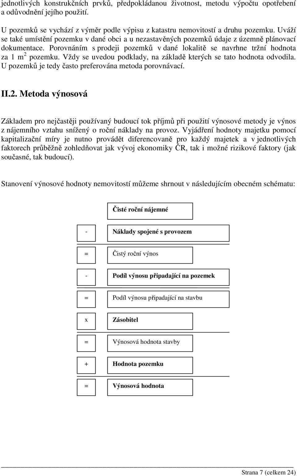 Vždy se uvedou podklady, na základě kterých se tato hodnota odvodila. U pozemků je tedy často preferována metoda porovnávací. II.2.