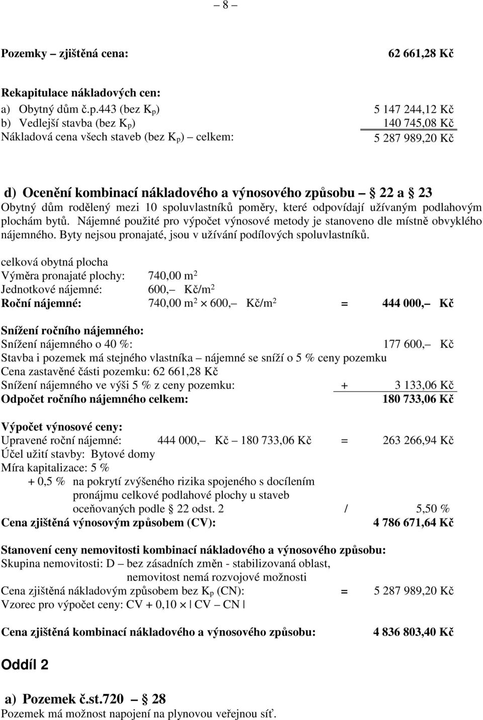 443 (bez K p ) 5 147 244,12 Kč b) Vedlejší stavba (bez K p ) 140 745,08 Kč Nákladová cena všech staveb (bez K p ) celkem: 5 287 989,20 Kč d) Ocenění kombinací nákladového a výnosového způsobu 22 a 23