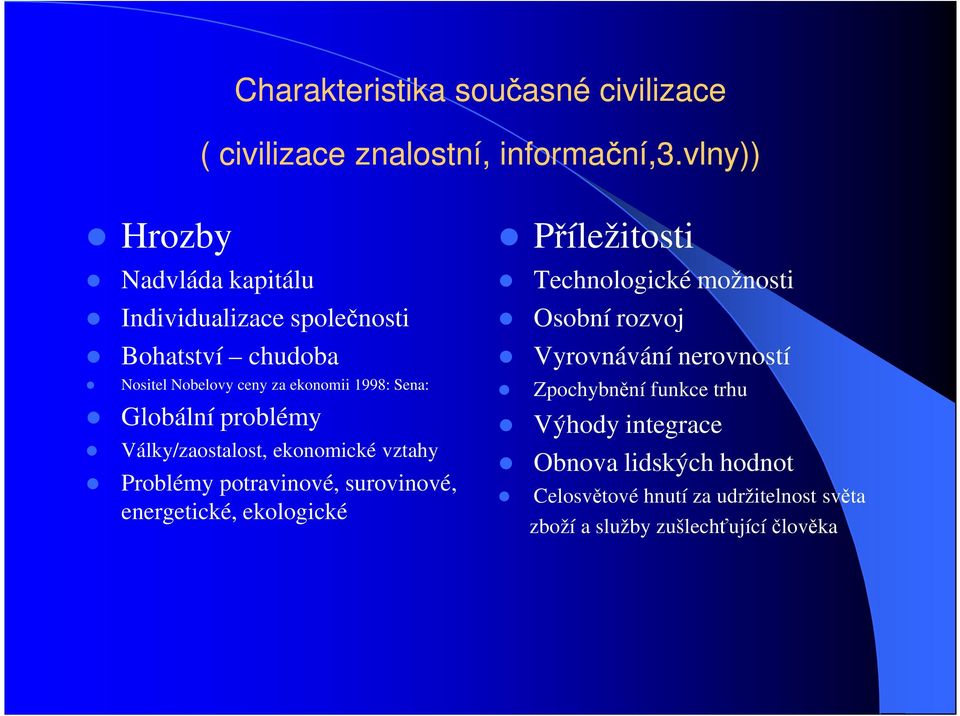 Globální problémy Války/zaostalost, ekonomické vztahy Problémy potravinové, surovinové, energetické, ekologické Příležitosti