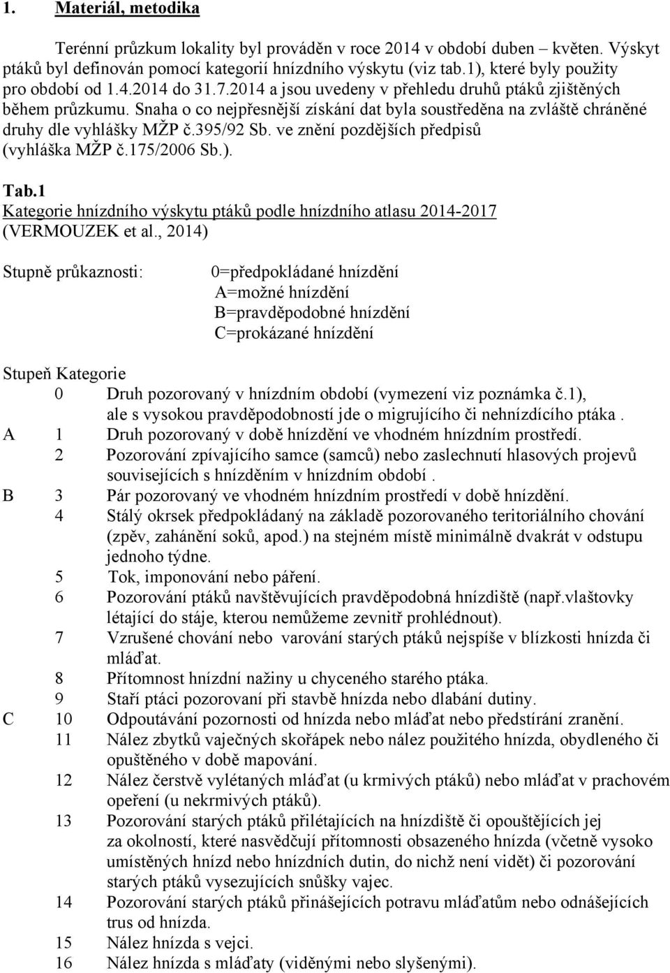 Snaha o co nejpřesnější získání dat byla soustředěna na zvláště chráněné druhy dle vyhlášky MŽP č.395/92 Sb. ve znění pozdějších předpisů (vyhláška MŽP č.175/2006 Sb.). Tab.