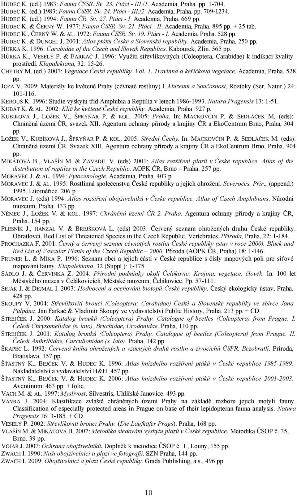 HUDEC K. & DUNGEL J. 2001: Atlas ptáků České a Slovenské republiky. Academia, Praha. 250 pp. HŮRKA K. 1996: Carabidae of the Czech and Slovak Republics. Kabourek, Zlín. 565 pp. HŮRKA K., VESELÝ P.
