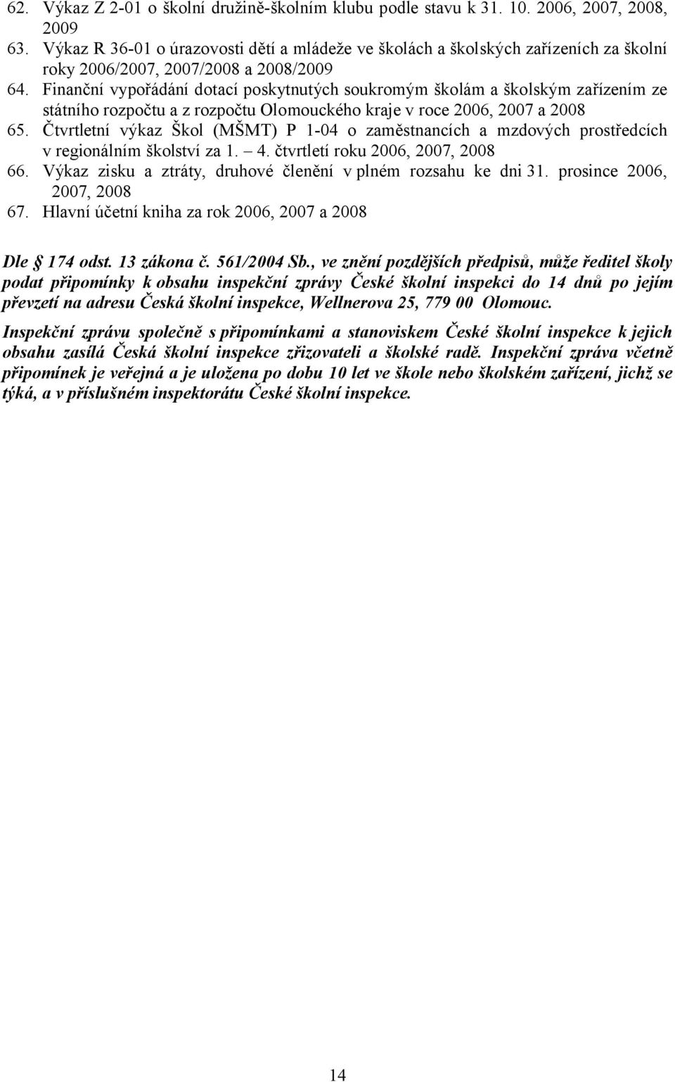 Finanční vypořádání dotací poskytnutých soukromým školám a školským zařízením ze státního rozpočtu a z rozpočtu Olomouckého kraje v roce 2006, 2007 a 2008 65.