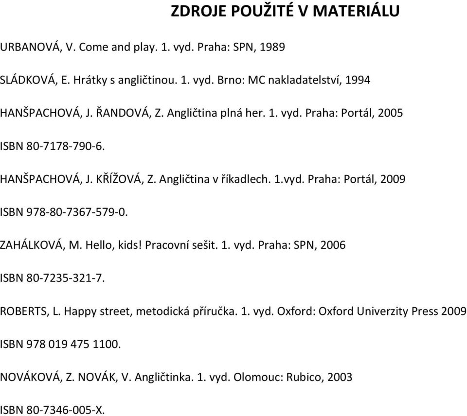 ZAHÁLKOVÁ, M. Hello, kids! Pracovní sešit. 1. vyd. Praha: SPN, 2006 ISBN 80-7235-321-7. ROBERTS, L. Happy street, metodická příručka. 1. vyd. Oxford: Oxford Univerzity Press 2009 ISBN 9780194751100.