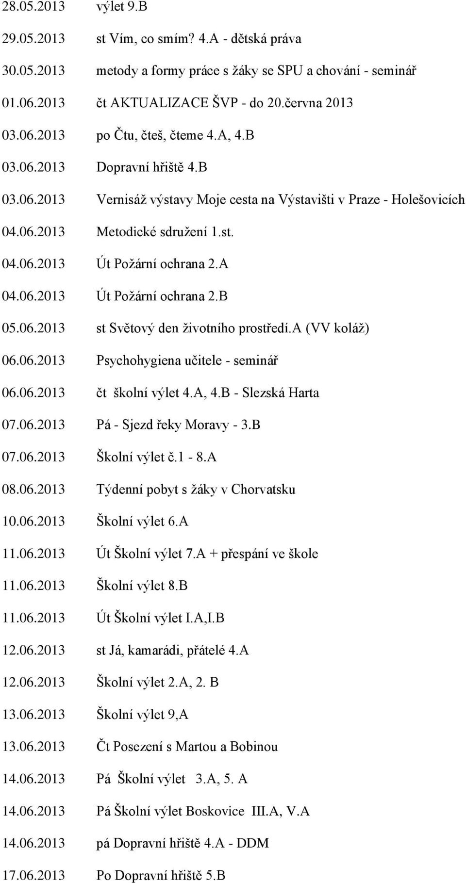 06.2013 st Světový den životního prostředí.a (VV koláž) 06.06.2013 Psychohygiena učitele - seminář 06.06.2013 čt školní výlet 4.A, 4.B - Slezská Harta 07.06.2013 Pá - Sjezd řeky Moravy - 3.B 07.06.2013 Školní výlet č.