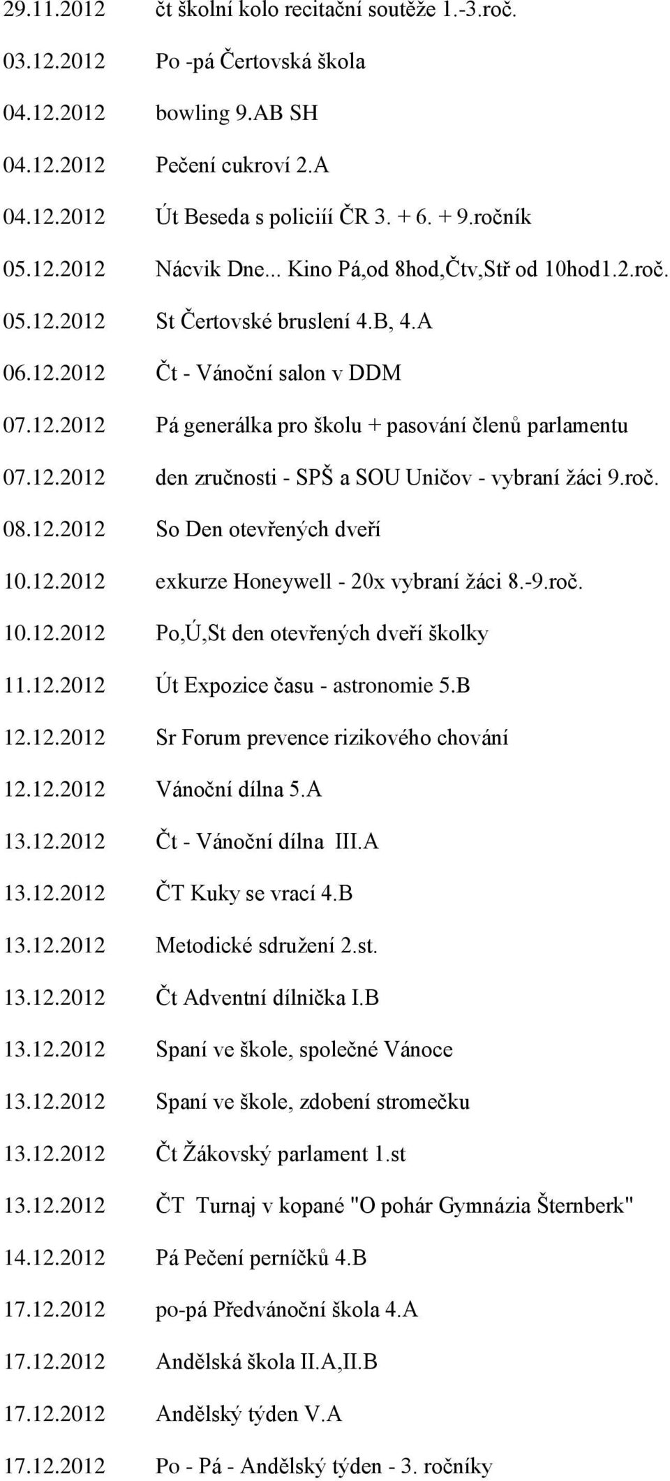 12.2012 den zručnosti - SPŠ a SOU Uničov - vybraní žáci 9.roč. 08.12.2012 So Den otevřených dveří 10.12.2012 exkurze Honeywell - 20x vybraní žáci 8.-9.roč. 10.12.2012 Po,Ú,St den otevřených dveří školky 11.