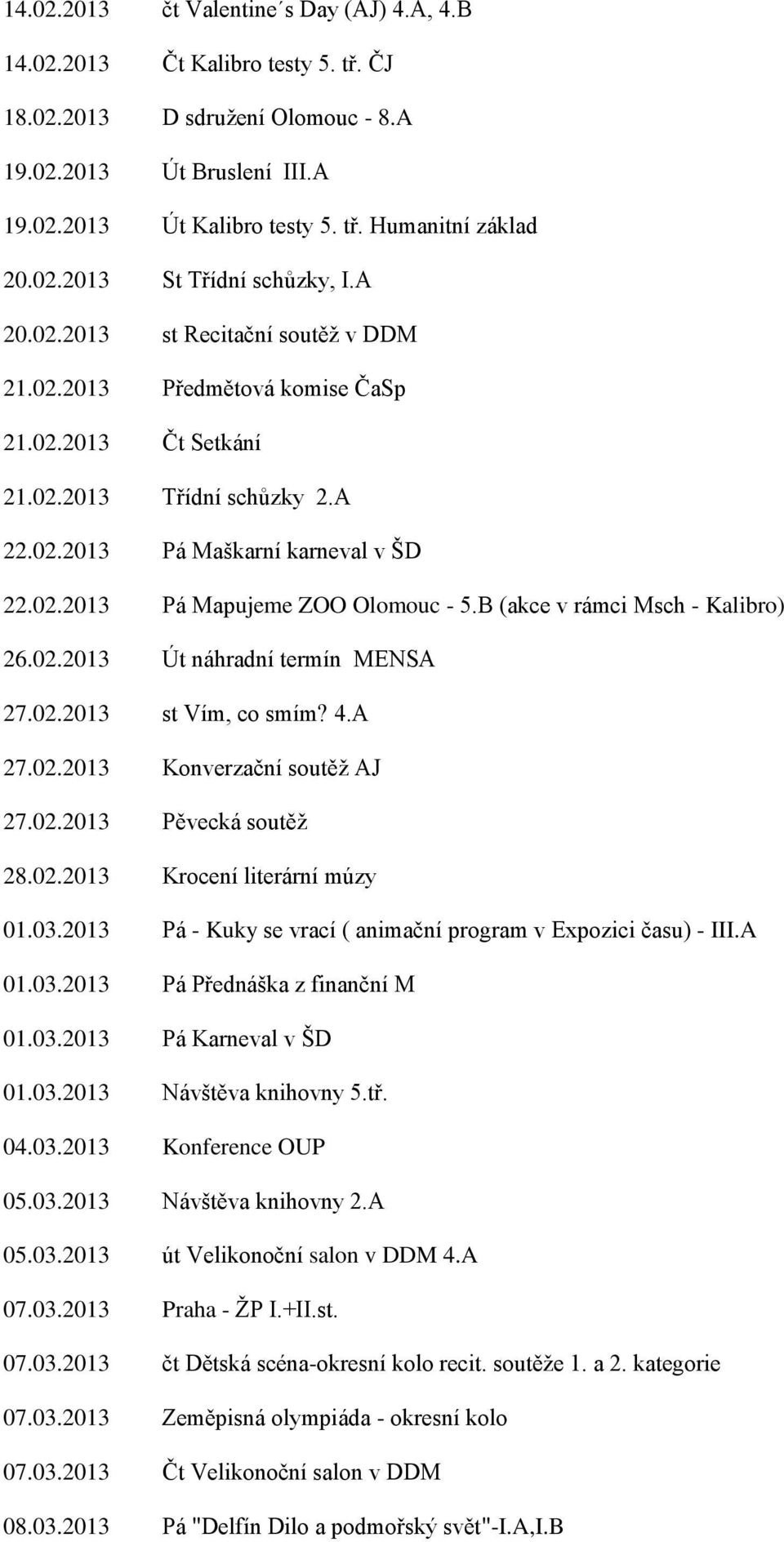 B (akce v rámci Msch - Kalibro) 26.02.2013 Út náhradní termín MENSA 27.02.2013 st Vím, co smím? 4.A 27.02.2013 Konverzační soutěž AJ 27.02.2013 Pěvecká soutěž 28.02.2013 Krocení literární múzy 01.03.