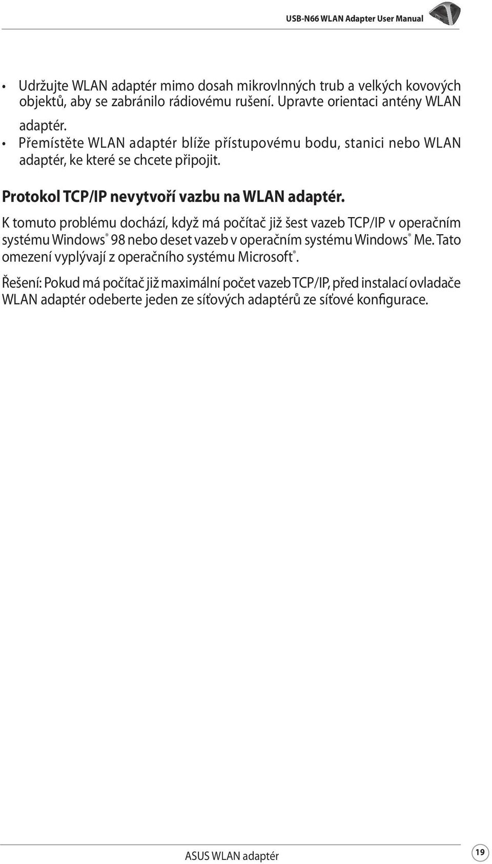 Protokol TCP/IP nevytvoří vazbu na WLAN adaptér.