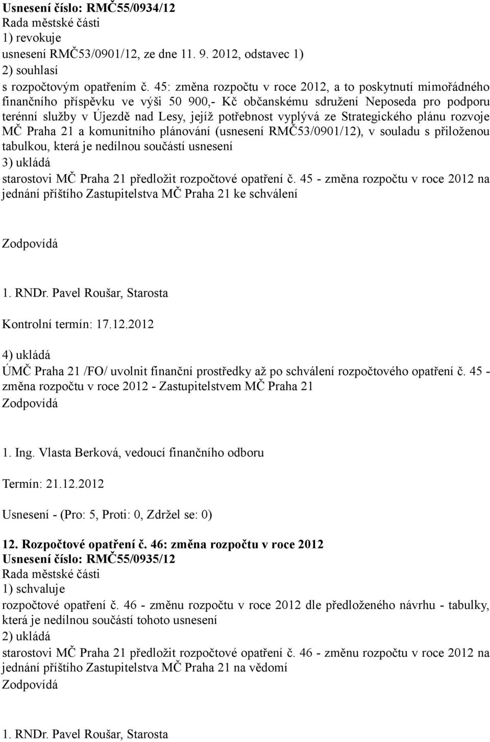 vyplývá ze Strategického plánu rozvoje MČ Praha 21 a komunitního plánování (usnesení RMČ53/0901/12), v souladu s přiloženou tabulkou, která je nedílnou součástí usnesení 3) ukládá starostovi MČ Praha