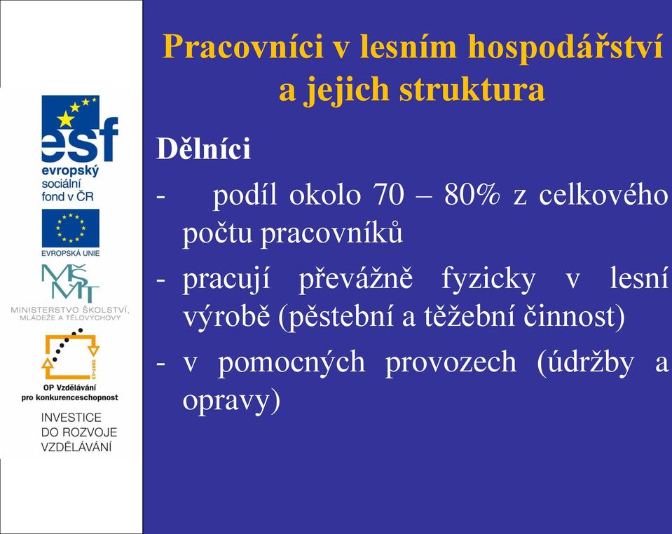 pracovníků - pracují převážně fyzicky v lesní výrobě