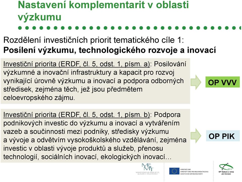 a): Posilování výzkumné a inovační infrastruktury a kapacit pro rozvoj vynikající úrovně výzkumu a inovací a podpora odborných středisek, zejména těch, jež jsou předmětem