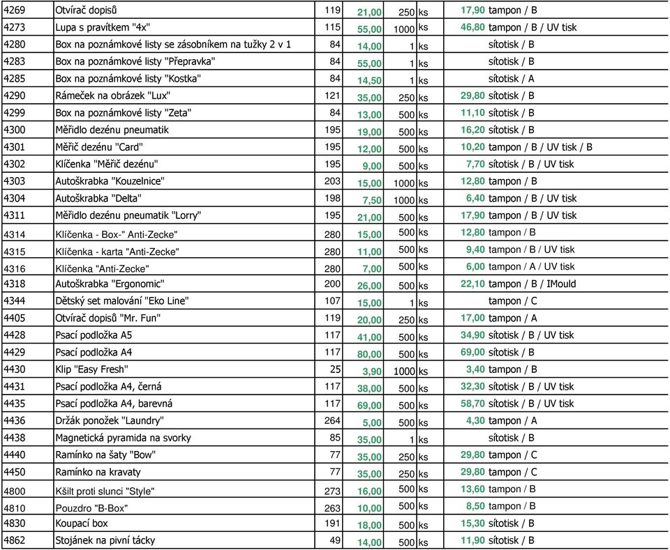 sítotisk / B 4299 Box na poznámkové listy "Zeta" 84 13,00 500 ks 11,10 sítotisk / B 4300 Měřidlo dezénu pneumatik 195 19,00 500 ks 16,20 sítotisk / B 4301 Měřič dezénu "Card" 195 12,00 500 ks 10,20