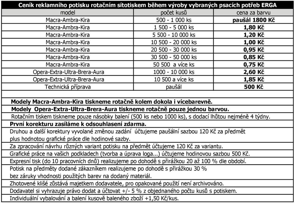 a více ks 0,75 Kč Opera-Extra-Ultra-Brera-Aura 1000-10 000 ks 2,60 Kč Opera-Extra-Ultra-Brera-Aura 10 500 a více ks 1,85 Kč Technická příprava paušál 500 Kč Modely Macra-Ambra-Kira tiskneme rotačně