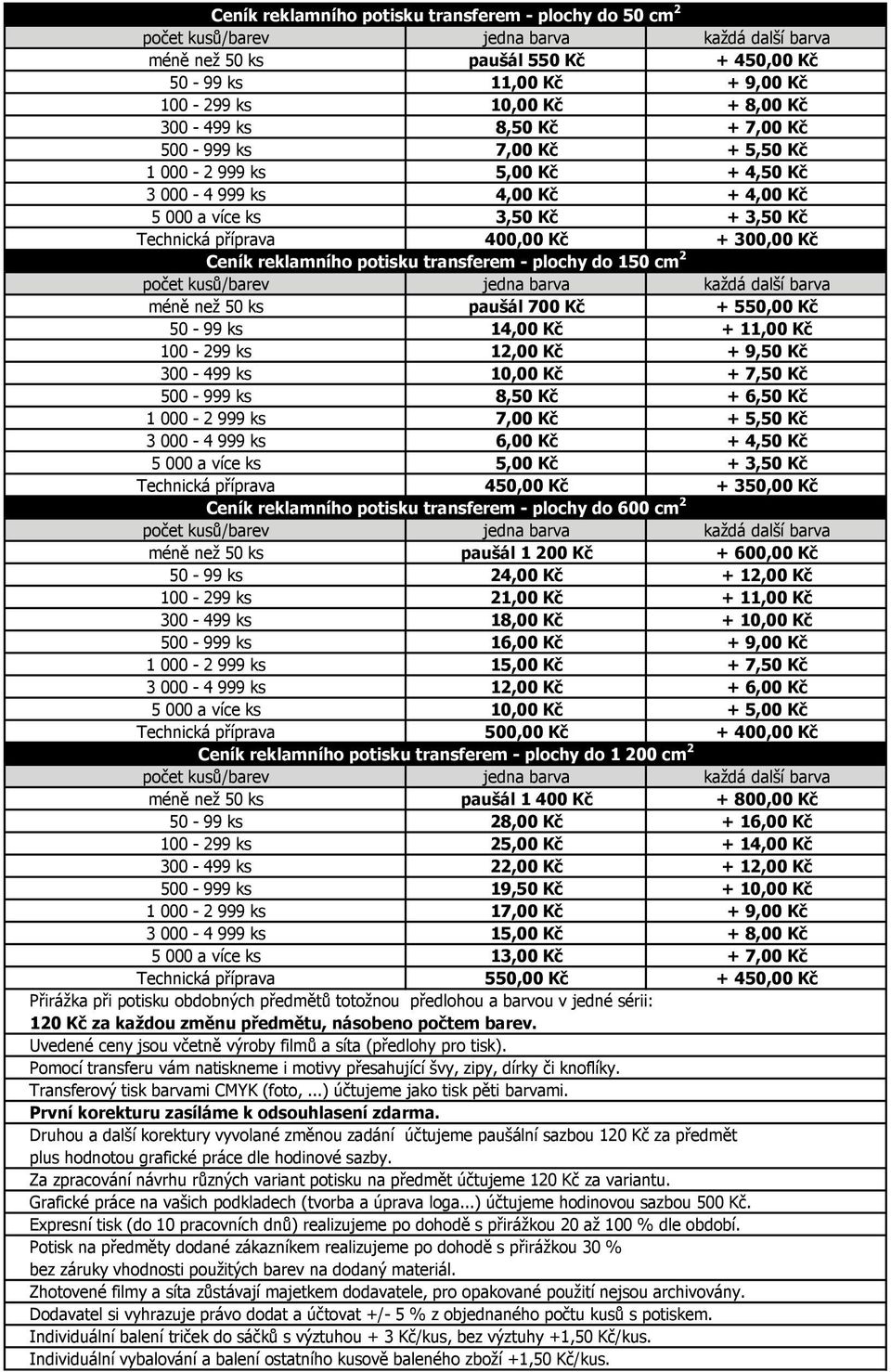 do 150 cm 2 méně než 50 ks paušál 700 Kč + 550,00 Kč 50-99 ks 14,00 Kč + 11,00 Kč 100-299 ks 12,00 Kč + 9,50 Kč 300-499 ks 10,00 Kč + 7,50 Kč 500-999 ks 8,50 Kč + 6,50 Kč 1 000-2 999 ks 7,00 Kč +