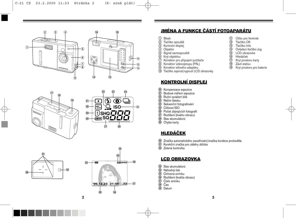 Konektor síťového adaptéru ql Kryt prostoru pro baterie 0 Tlačítko zapnutí/vypnutí LCD obrazovky KONTROLNÍ DISPLEJ w; Kompenzace expozice wa Bodové měření expozice ws Ruční vyvážení bílé wd Režim