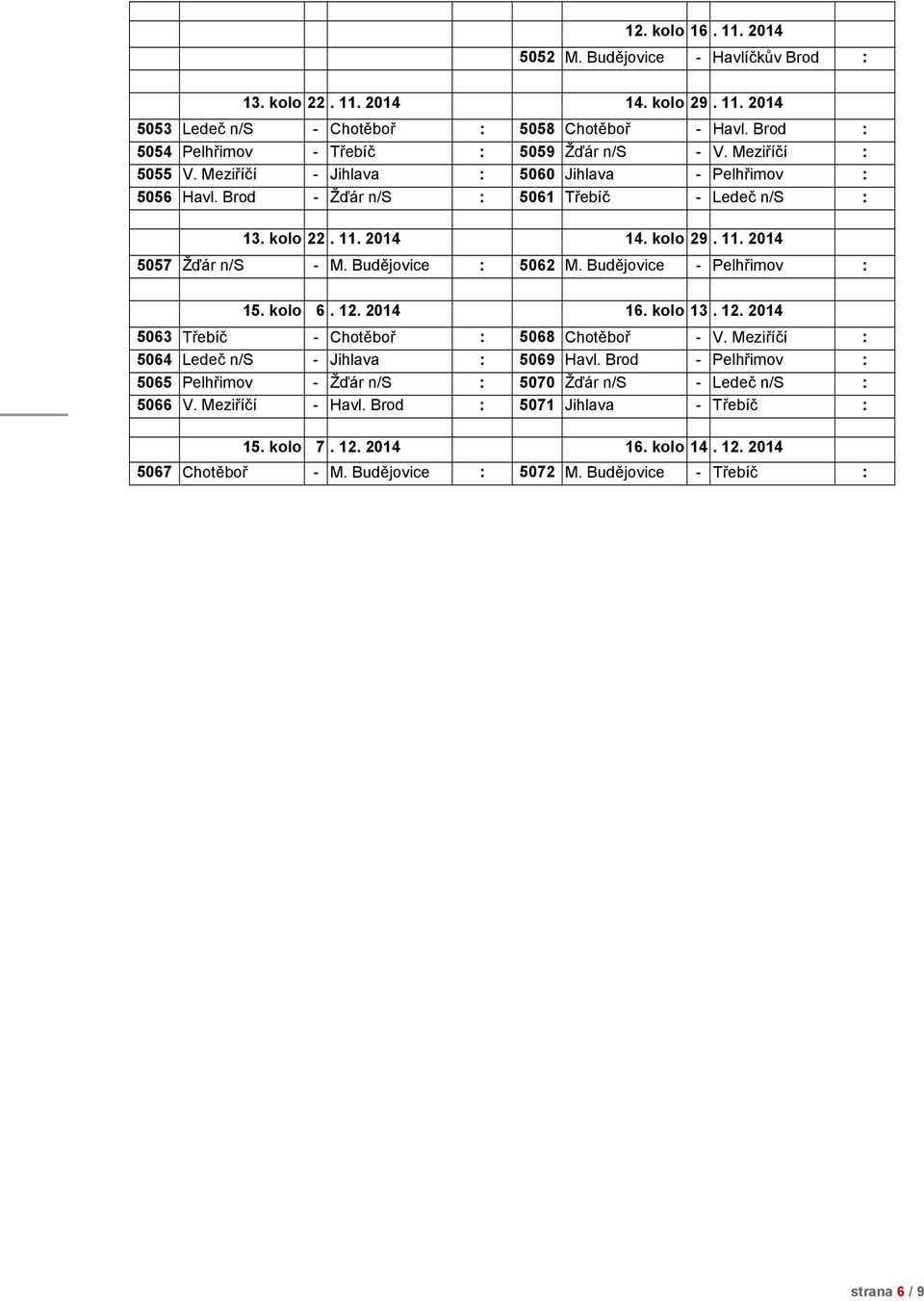 kolo 29. 11. 2014 5057 Žďár n/s - M. Budějovice : 5062 M. Budějovice - Pelhřimov : 15. kolo 6. 12. 2014 16. kolo 13. 12. 2014 5063 Třebíč - Chotěboř : 5068 Chotěboř - V.