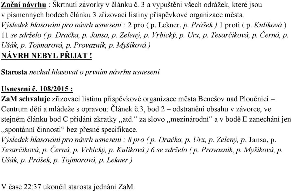 Tojmarová, p. Provazník, p. Myšíková ) NÁVRH NEBYL PŘIJAT! Starosta nechal hlasovat o prvním návrhu usnesení Usnesení č.