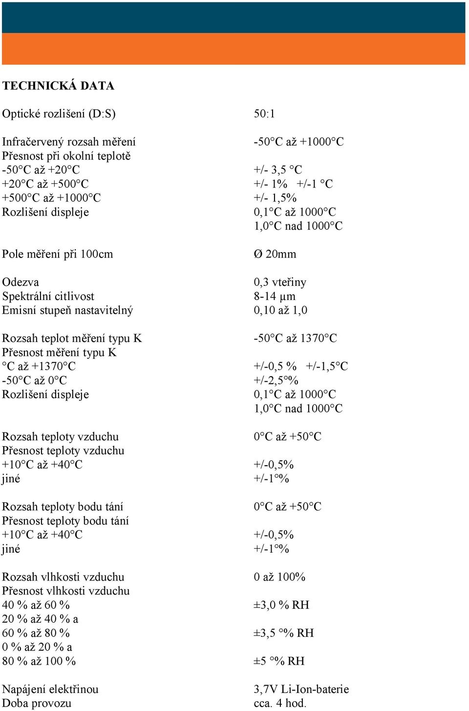 C až 1370 C Přesnost měření typu K C až +1370 C +/-0,5 % +/-1,5 C -50 C až 0 C +/-2,5 % Rozlišení displeje 0,1 C až 1000 C 1,0 C nad 1000 C Rozsah teploty vzduchu 0 C až +50 C Přesnost teploty