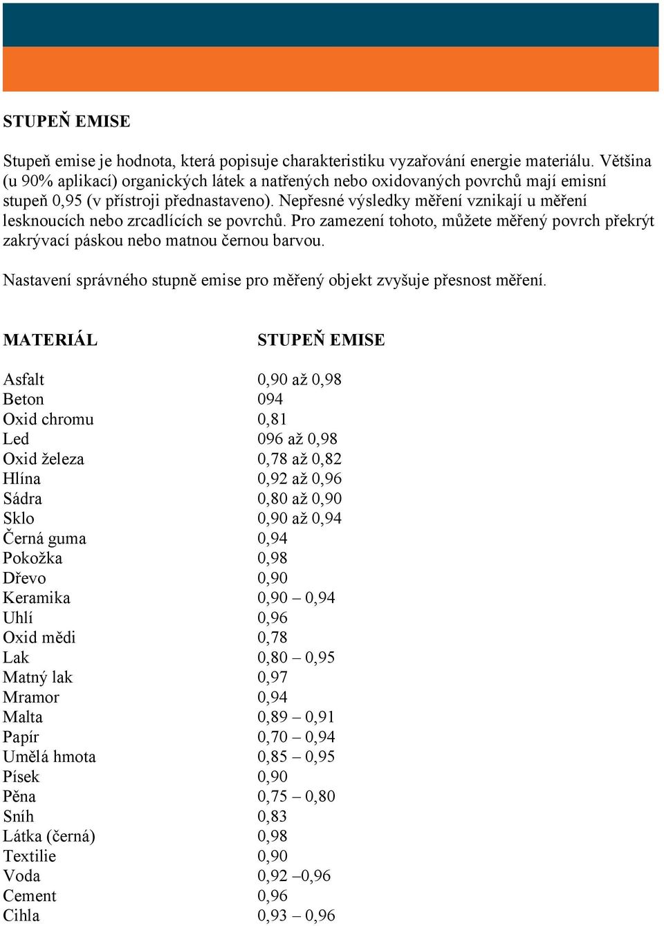 Nepřesné výsledky měření vznikají u měření lesknoucích nebo zrcadlících se povrchů. Pro zamezení tohoto, můžete měřený povrch překrýt zakrývací páskou nebo matnou černou barvou.