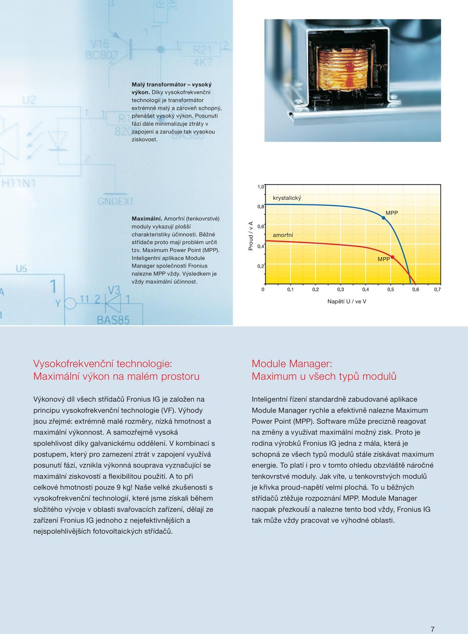 Běžné střídače proto mají problém určit tzv. Maximum Power Point (MPP). Inteligentní aplikace Module Manager společnosti Fronius nalezne MPP vždy. Výsledkem je vždy maximální účinnost.