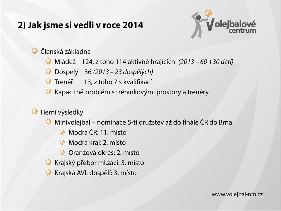 prostory a trenéry Herní výsledky Minivolejbal nominace 5-ti družstev až do finále ČR do Brna Modrá ČR: 11.