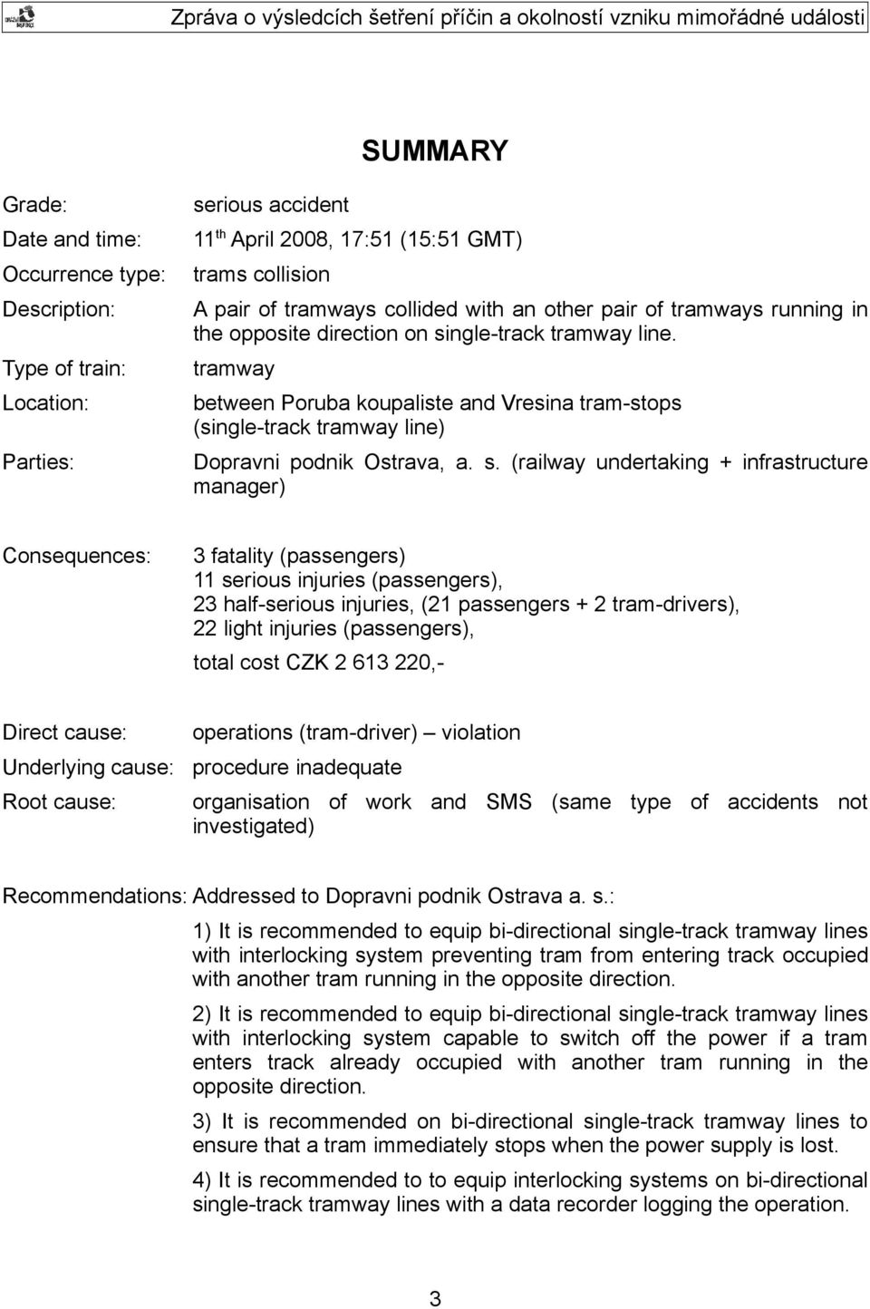 s. (railway undertaking + infrastructure manager) Consequences: 3 fatality (passengers) 11 serious injuries (passengers), 23 half-serious injuries, (21 passengers + 2 tram-drivers), 22 light injuries