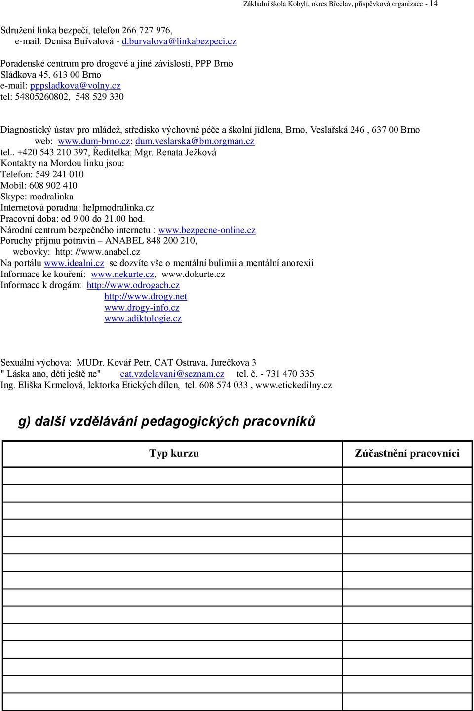 cz tel: 54805260802, 548 529 330 Diagnostický ústav pro mládež, středisko výchovné péče a školní jídlena, Brno, Veslařská 246, 637 00 Brno web: www.dum-brno.cz; dum.veslarska@bm.orgman.cz tel.. +420 543 210 397, Ředitelka: Mgr.