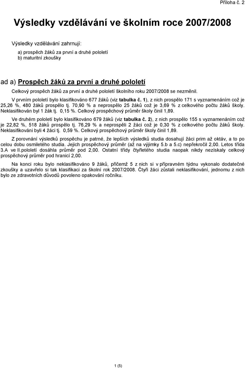 prospěch žáků za první a druhé pololetí školního roku 2007/2008 se nezměnil. V prvním pololetí bylo klasifikováno 677 žáků (viz tabulka č.