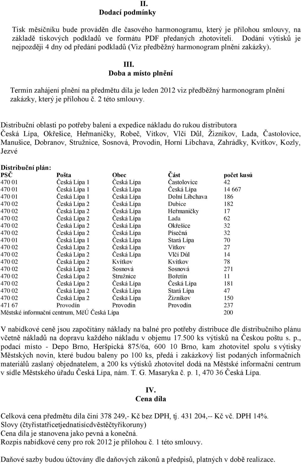 Doba a místo plnění Termín zahájení plnění na předmětu díla je leden 2012 viz předběžný harmonogram plnění zakázky, který je přílohou č. 2 této smlouvy.