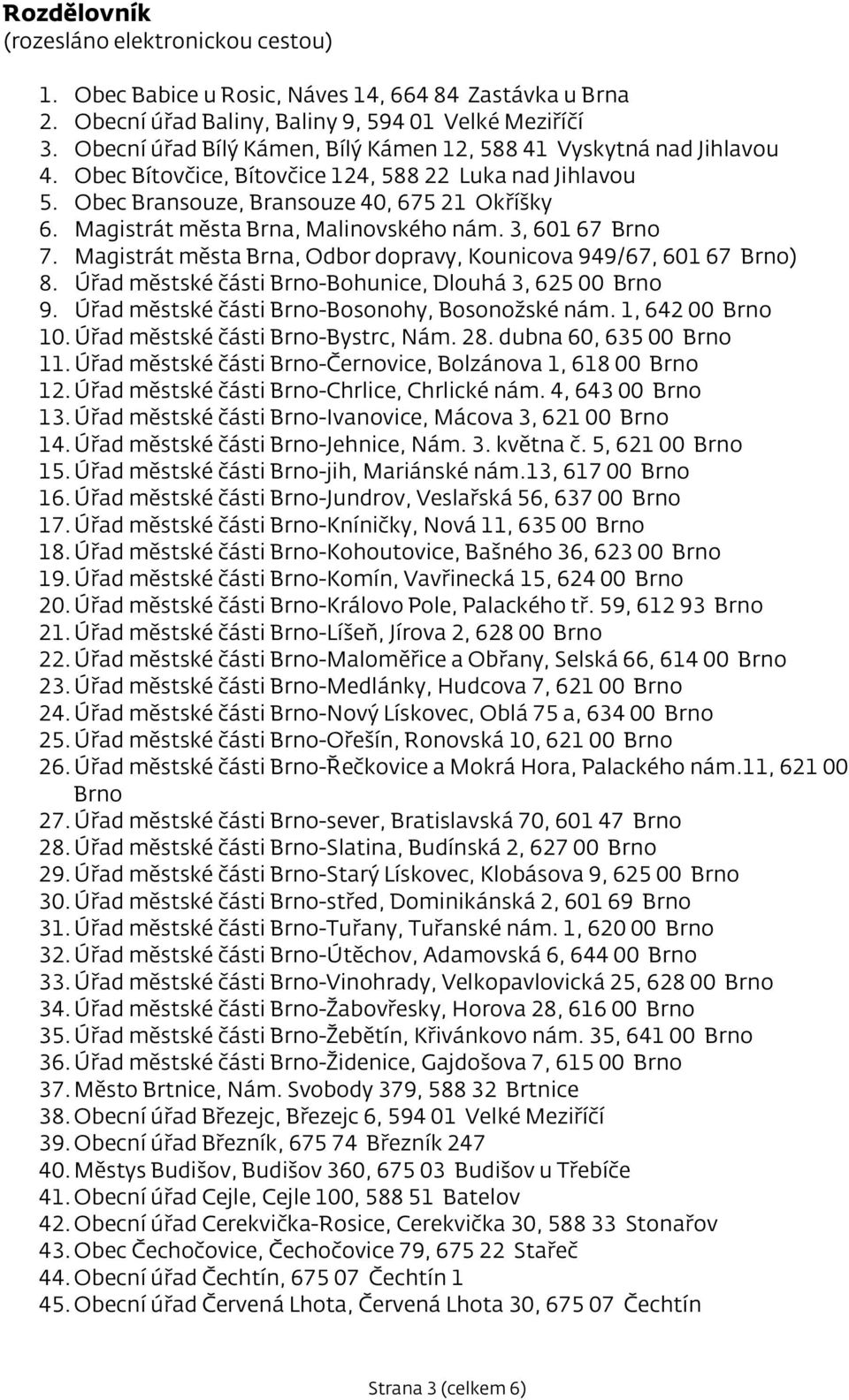 Magistrát města Brna, Malinovského nám. 3, 601 67 Brno 7. Magistrát města Brna, Odbor dopravy, Kounicova 949/67, 601 67 Brno) 8. Úřad městské části Brno-Bohunice, Dlouhá 3, 625 00 Brno 9.