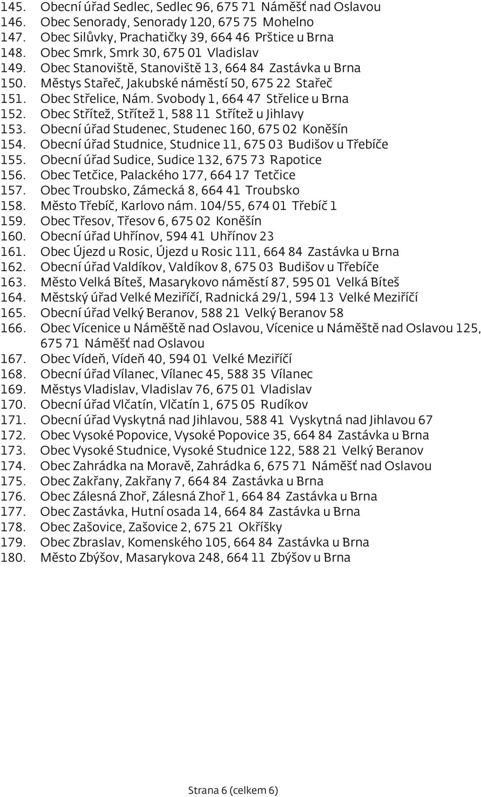 Svobody 1, 664 47 Střelice u Brna 152. Obec Střítež, Střítež 1, 588 11 Střítež u Jihlavy 153. Obecní úřad Studenec, Studenec 160, 675 02 Koněšín 154.