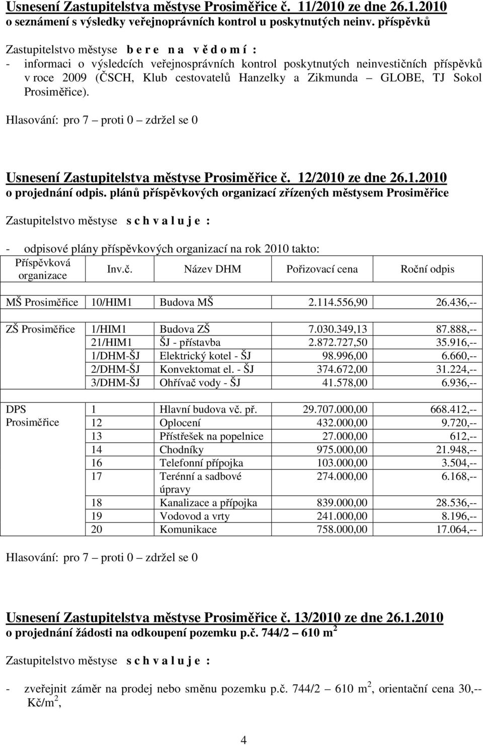 Usnesení Zastupitelstva městyse Prosiměřice č. 12/2010 ze dne 26.1.2010 o projednání odpis.