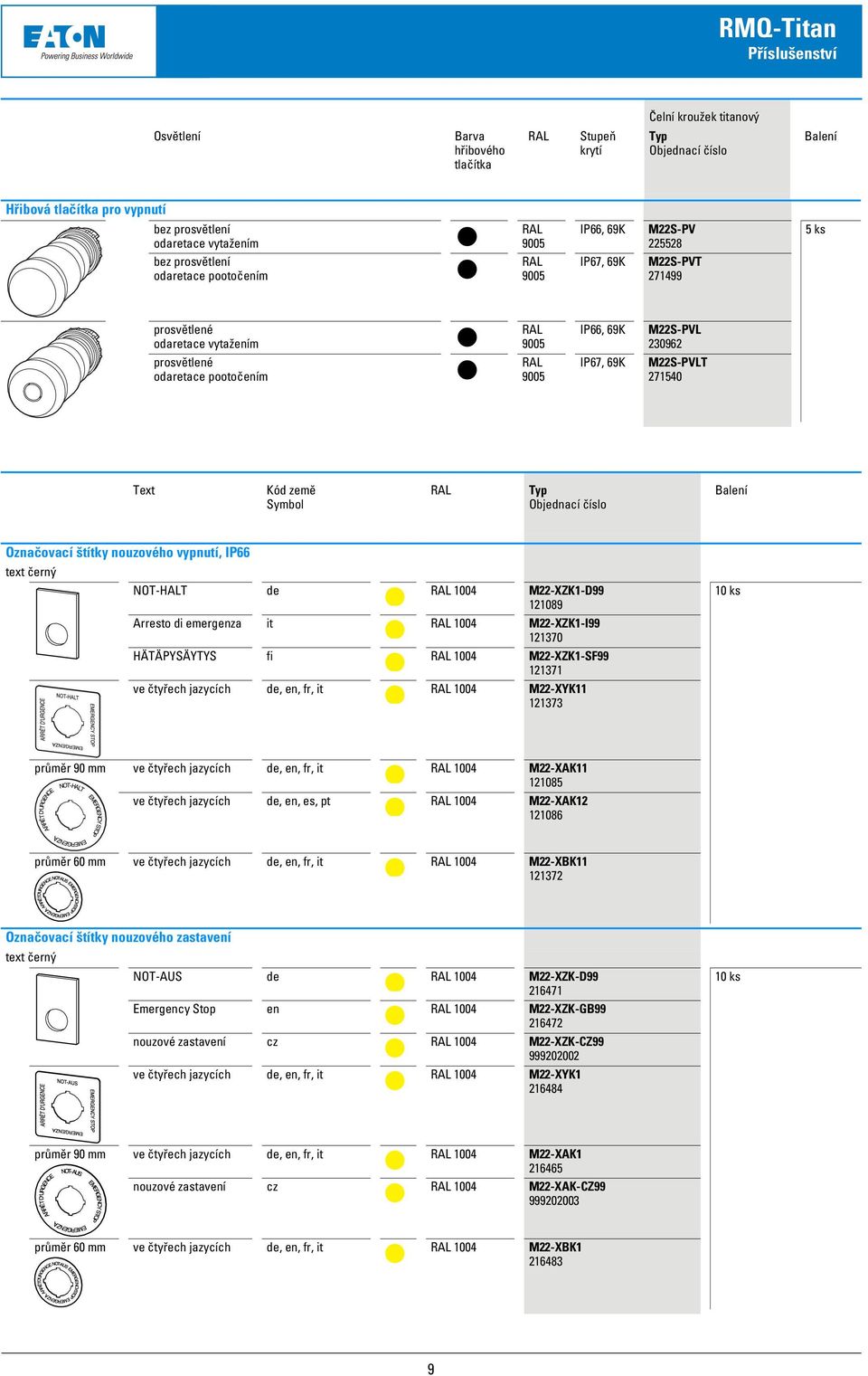 69K M22S-PVL 230962 prosvětlené odaretace pootočením RAL 9005 IP67, 69K M22S-PVLT 271540 Text Kód země Symbol RAL Označovací štítky nouzového vypnutí, IP66 text černý NOT-HALT de RAL 1004