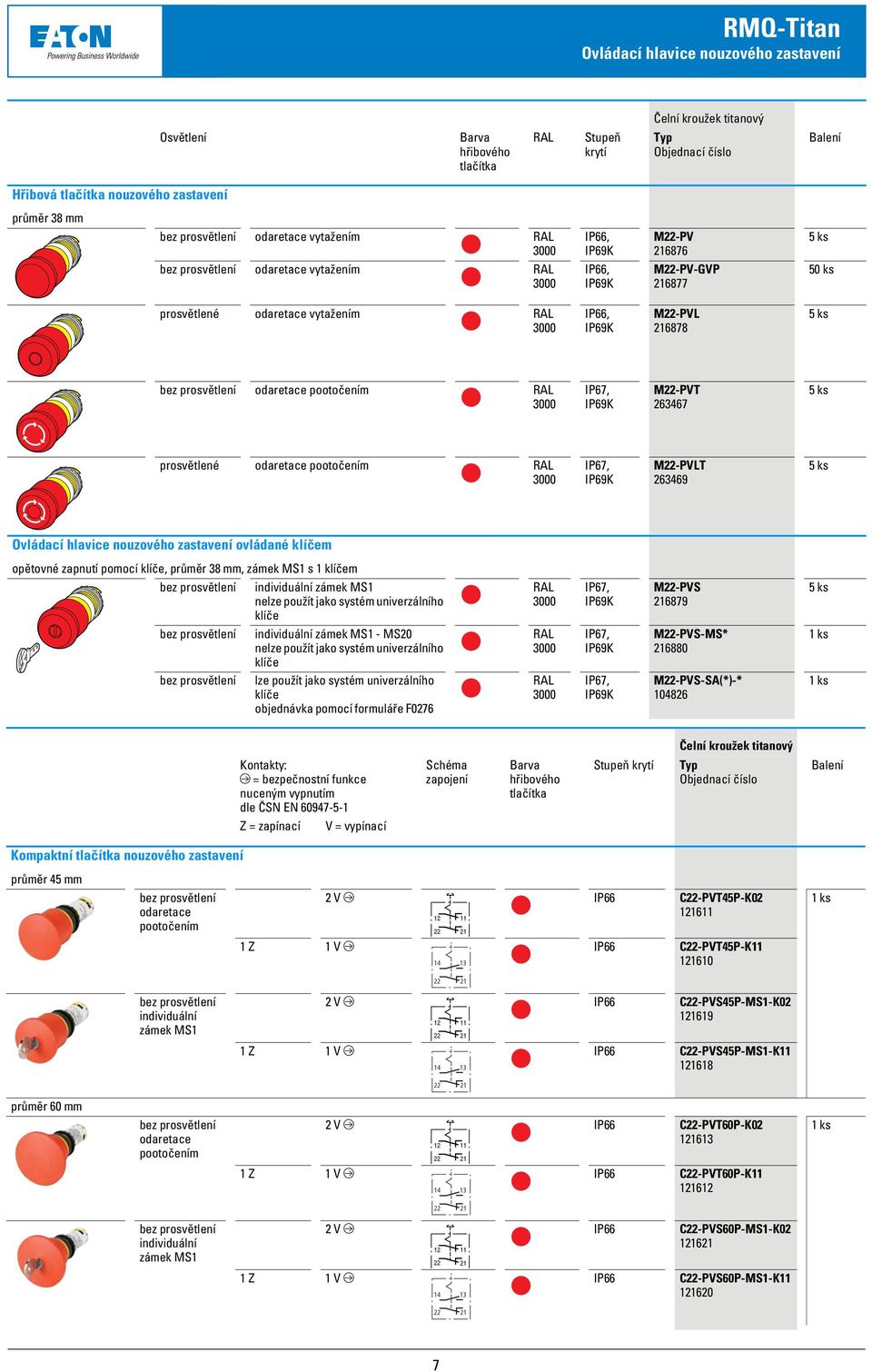 IP66, IP69K M22-PVL 216878 bez prosvětlení odaretace pootočením RAL 3000 IP67, IP69K M22-PVT 263467 prosvětlené odaretace pootočením RAL 3000 IP67, IP69K M22-PVLT 263469 Ovládací hlavice nouzového