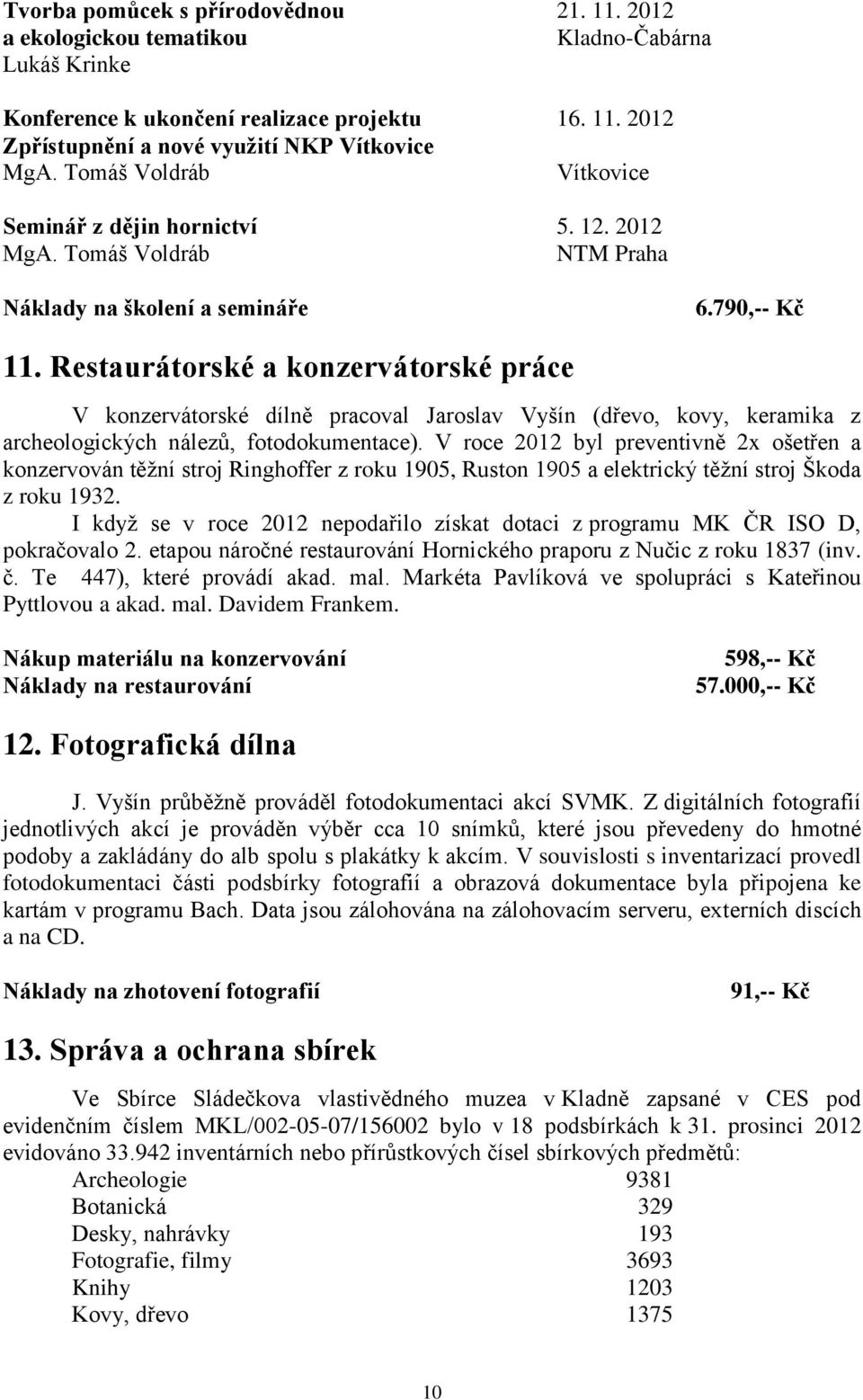 Restaurátorské a konzervátorské práce V konzervátorské dílně pracoval Jaroslav Vyšín (dřevo, kovy, keramika z archeologických nálezů, fotodokumentace).