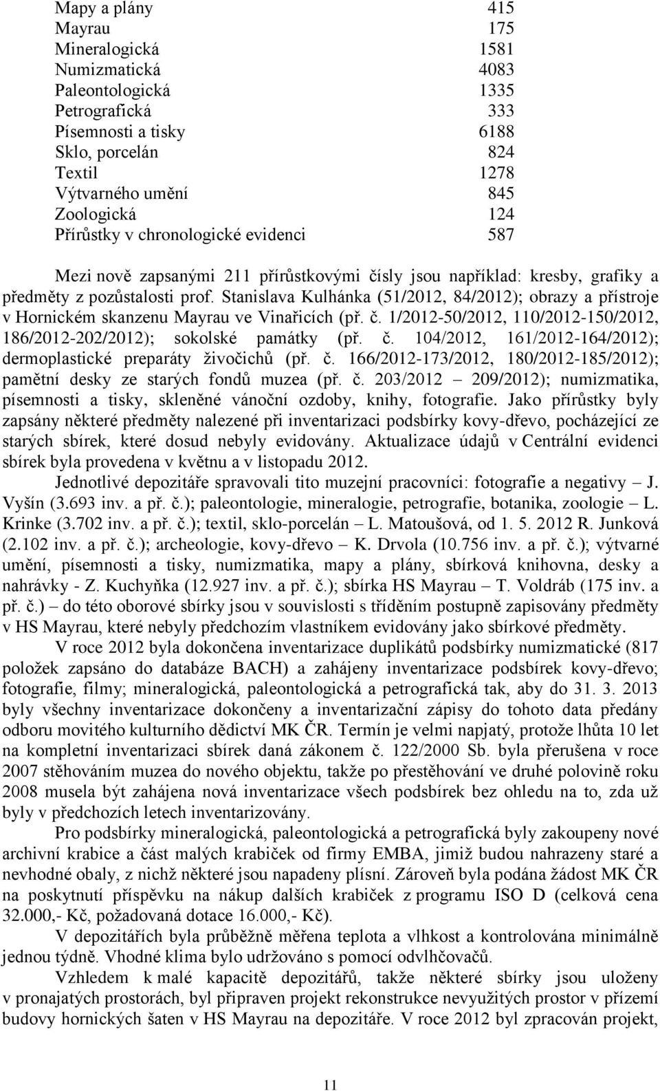 Stanislava Kulhánka (51/2012, 84/2012); obrazy a přístroje v Hornickém skanzenu Mayrau ve Vinařicích (př. č. 1/2012-50/2012, 110/2012-150/2012, 186/2012-202/2012); sokolské památky (př. č. 104/2012, 161/2012-164/2012); dermoplastické preparáty živočichů (př.