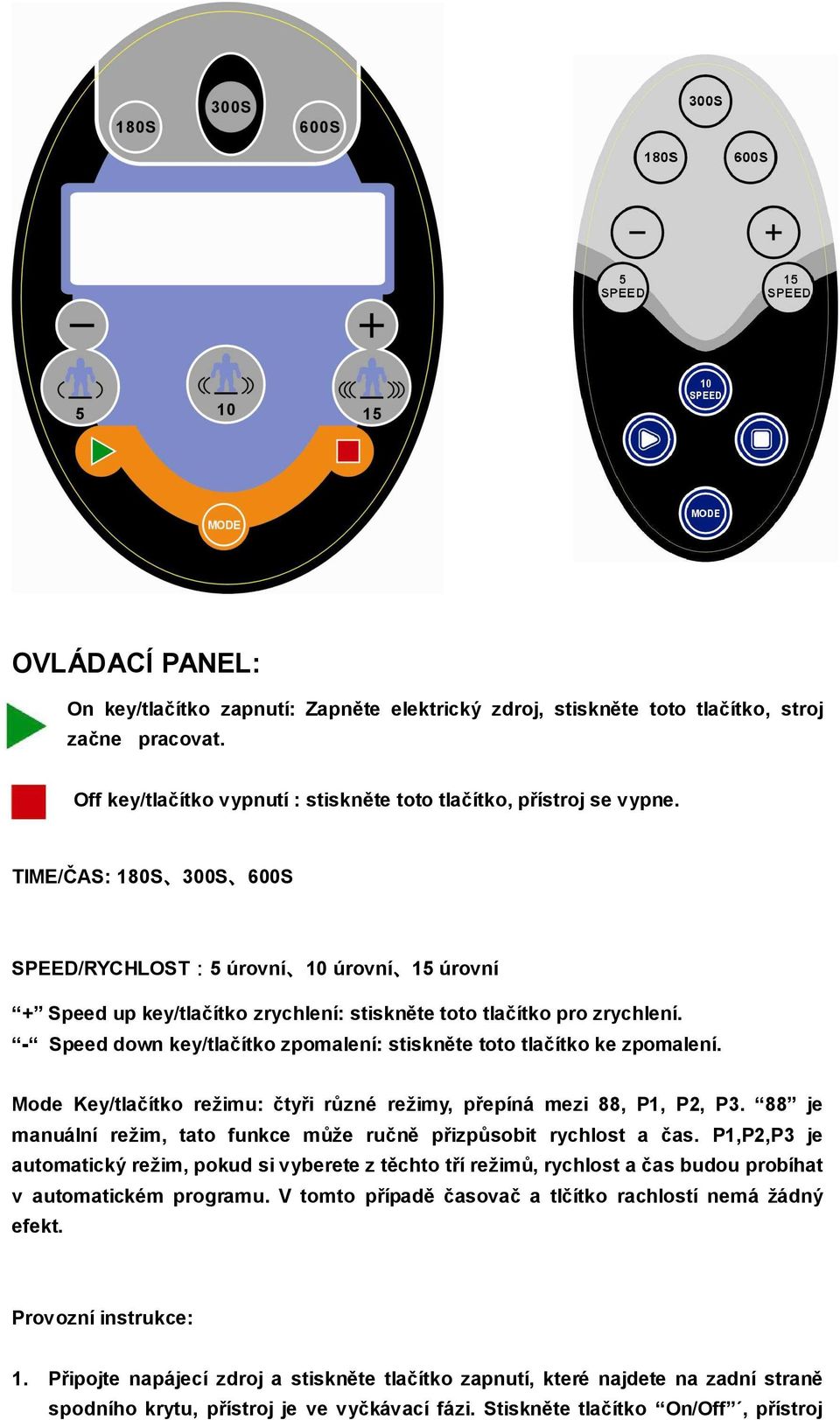 - Speed down key/tlačítko zpomalení: stiskněte toto tlačítko ke zpomalení. Mode Key/tlačítko režimu: čtyři různé režimy, přepíná mezi 88, P1, P2, P3.