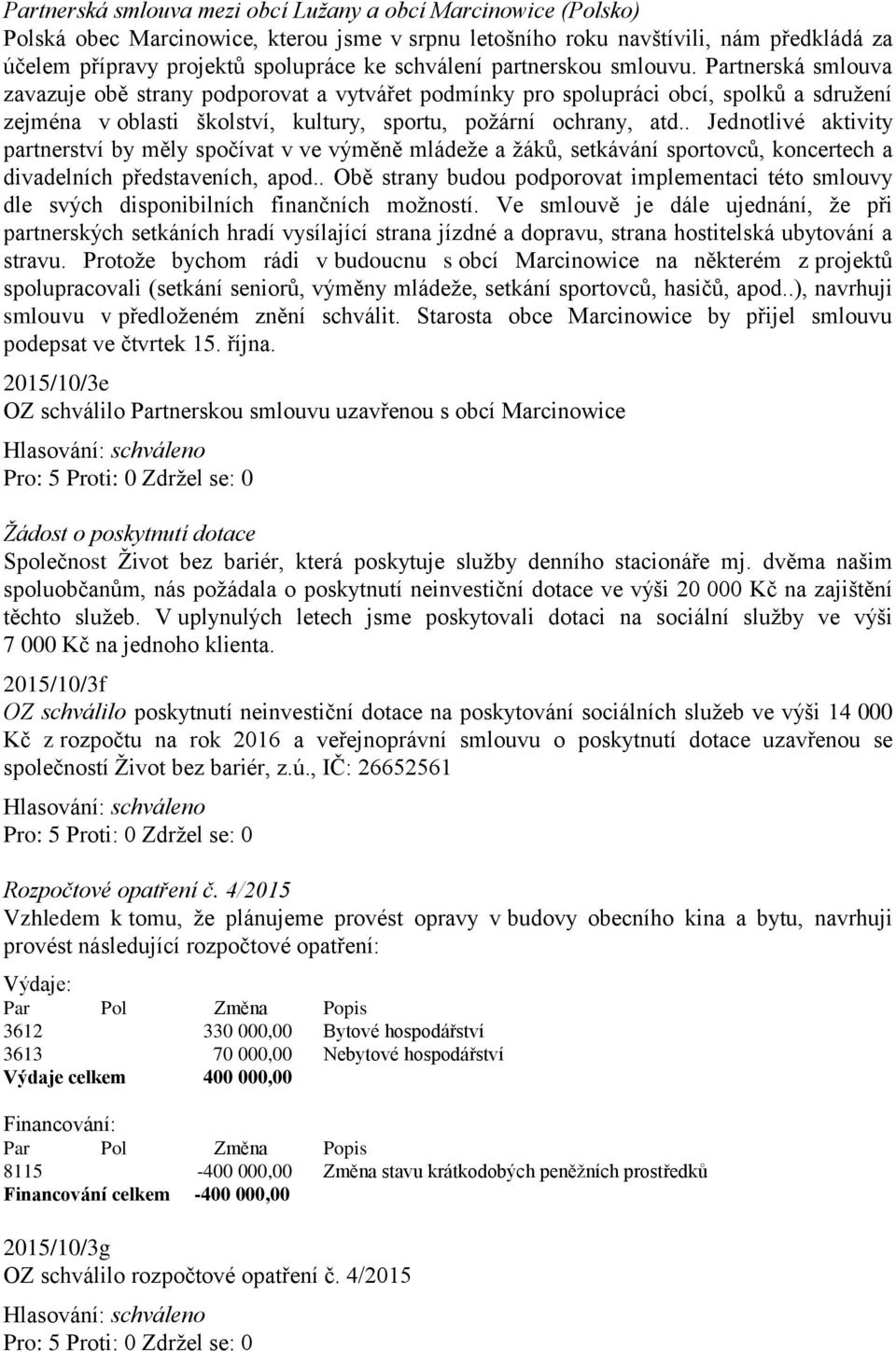 Partnerská smlouva zavazuje obě strany podporovat a vytvářet podmínky pro spolupráci obcí, spolků a sdružení zejména v oblasti školství, kultury, sportu, požární ochrany, atd.