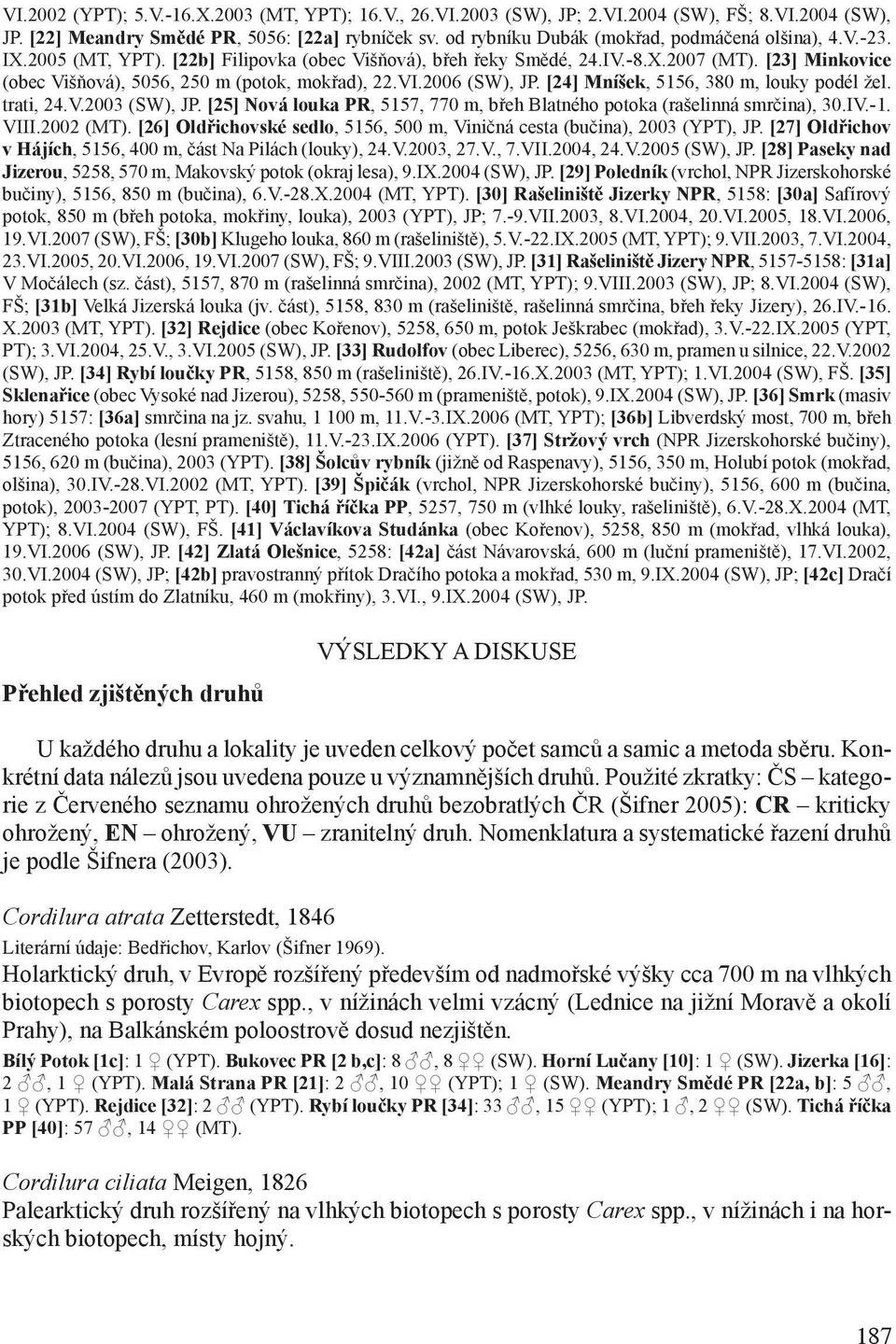 [23] Minkovice (obec Višňová), 5056, 250 m (potok, mokřad), 22.VI.2006 (SW), JP. [24] Mníšek, 5156, 380 m, louky podél žel. trati, 24.V.2003 (SW), JP.