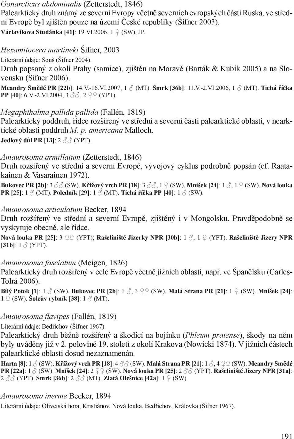 Druh popsaný z okolí Prahy (samice), zjištěn na Moravě (Barták & Kubík 2005) a na Slovensku (Šifner 2006). Meandry Smědé PR [22b]: 14.V.-16.VI.2007, 1 (MT). Smrk [36b]: 11.V.-2.VI.2006, 1 (MT).