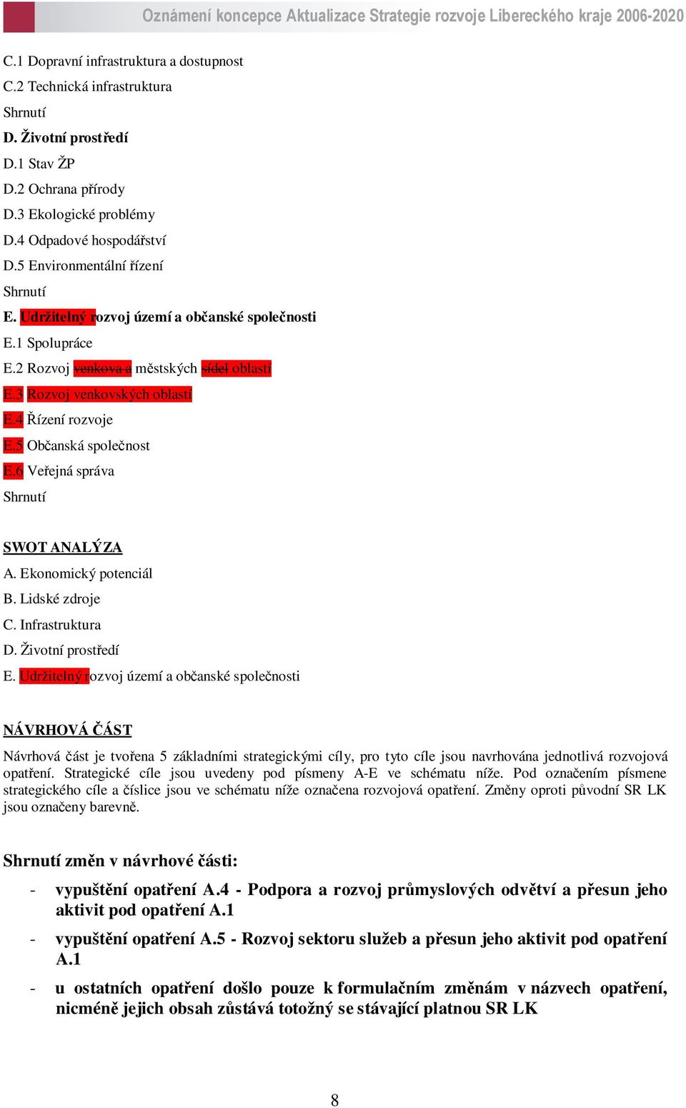 5 Občanská společnost E.6 Veřejná správa Shrnutí SWOT ANALÝZA A. Ekonomický potenciál B. Lidské zdroje C. Infrastruktura D. Životní prostředí E.