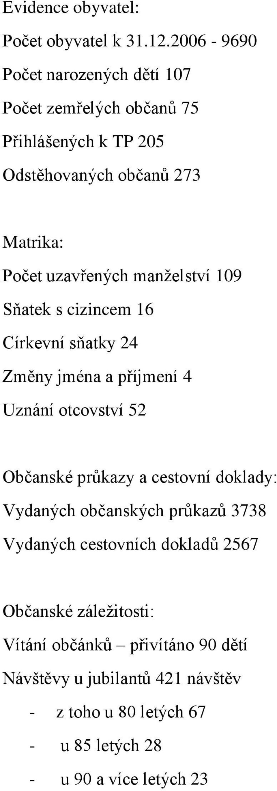 uzavřených manţelství 109 Sňatek s cizincem 16 Církevní sňatky 24 Změny jména a příjmení 4 Uznání otcovství 52 Občanské průkazy a