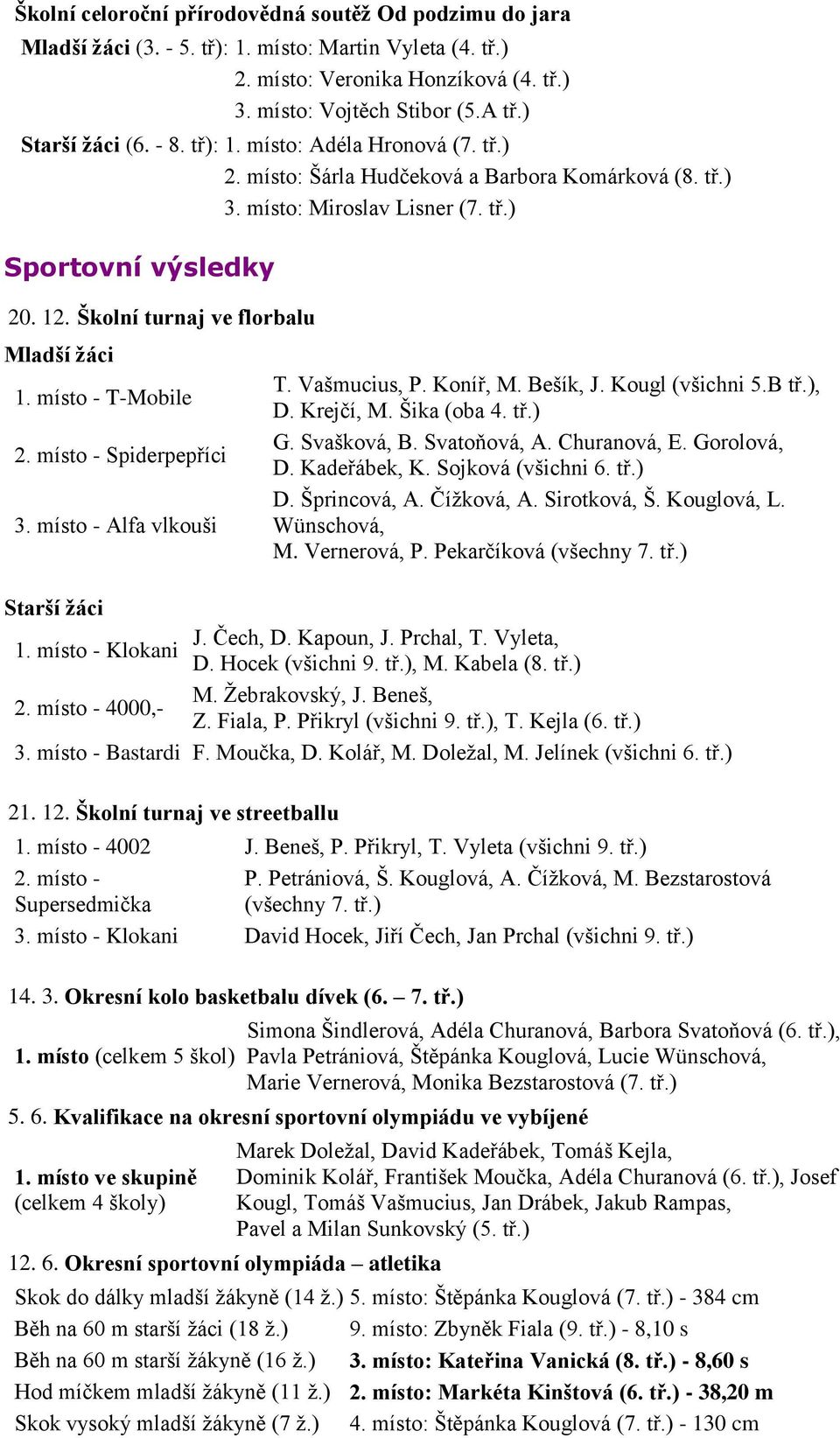 Školní turnaj ve florbalu Mladší žáci 1. místo - T-Mobile 2. místo - Spiderpepříci 3. místo - Alfa vlkouši T. Vašmucius, P. Koníř, M. Bešík, J. Kougl (všichni 5.B tř.), D. Krejčí, M. Šika (oba 4. tř.) G.