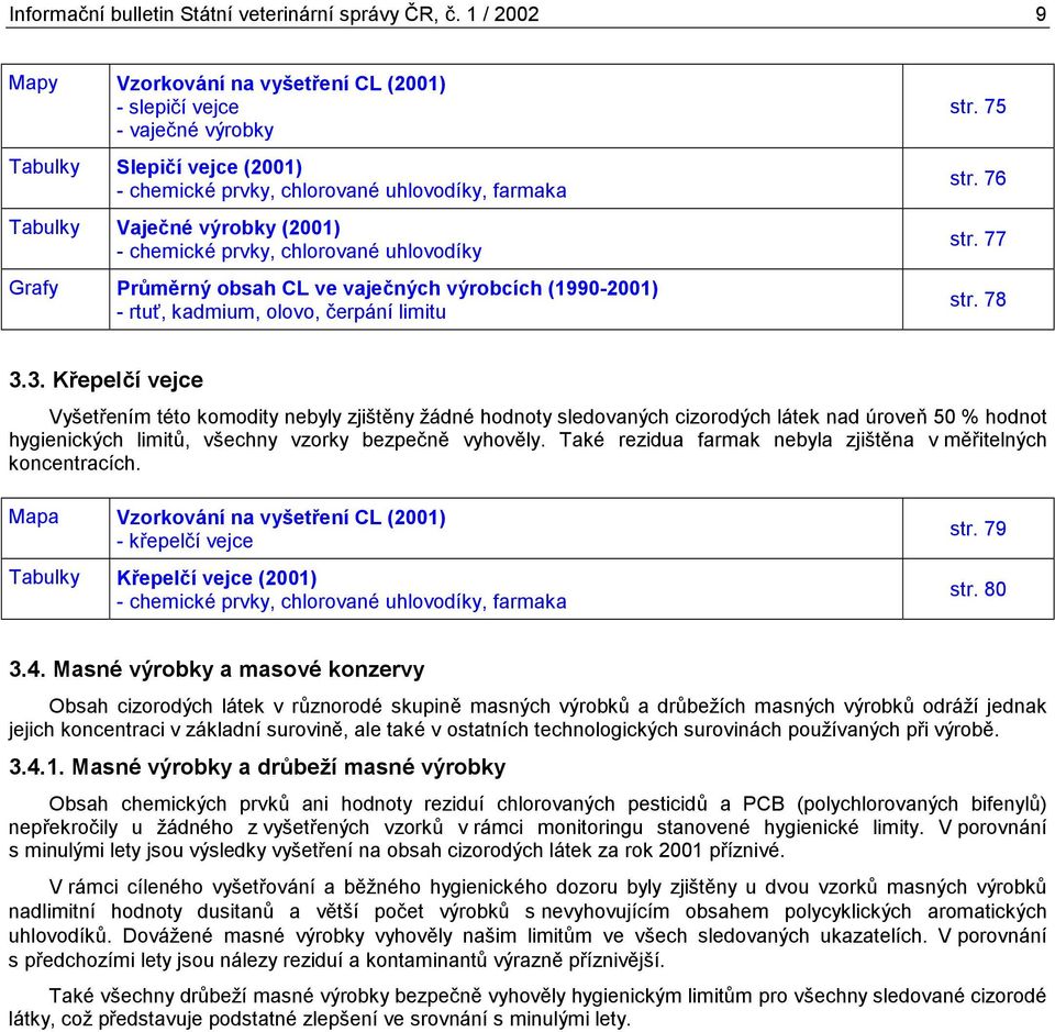 chemické prvky, chlorované uhlovodíky Grafy Průměrný obsah CL ve vaječných výrobcích (1990-2001) - rtuť, kadmium, olovo, čerpání limitu str. 75 str. 76 str. 77 str. 78 3.