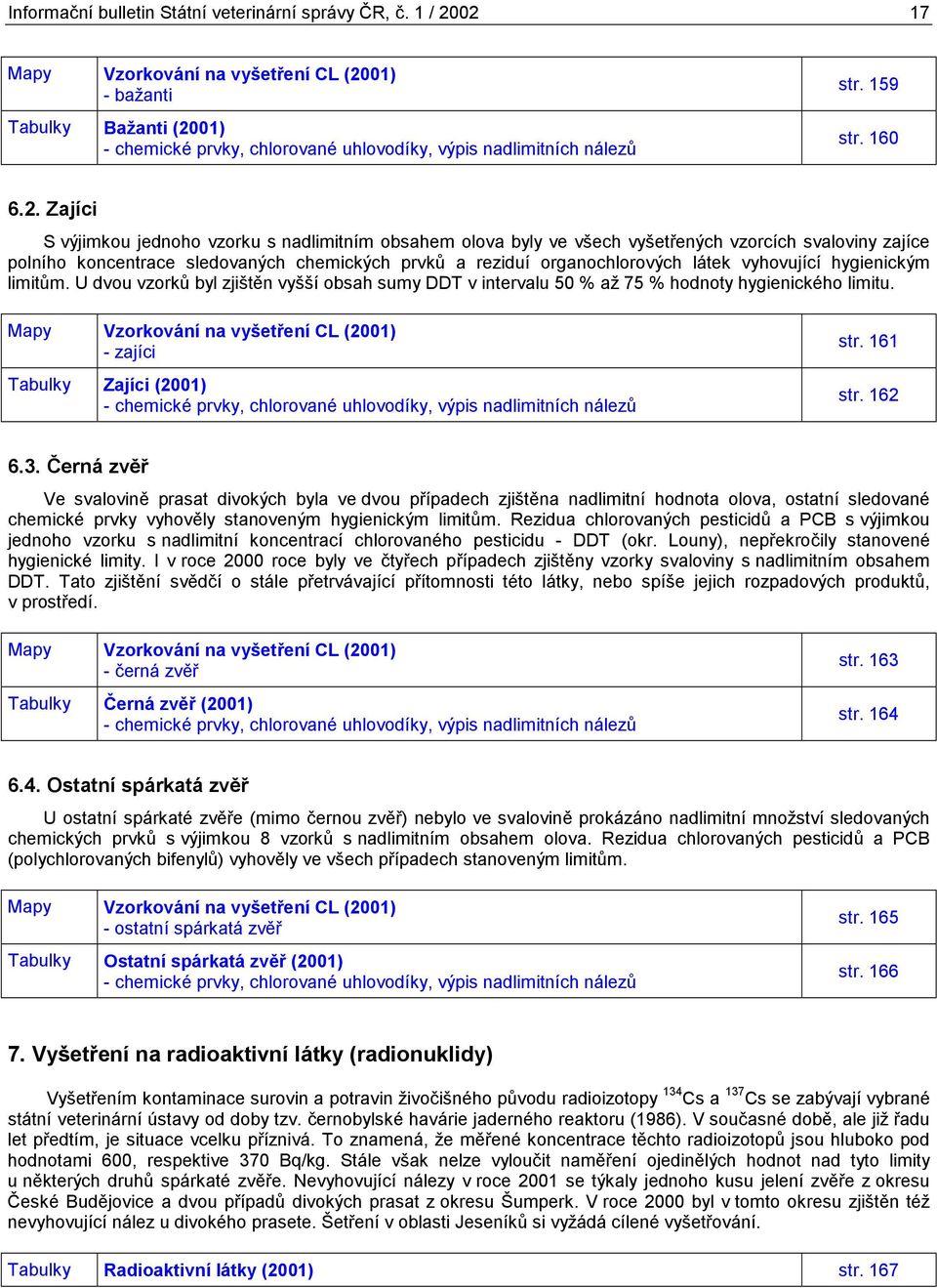 02 17 Mapy Vzorkování na vyšetření CL (2001) - bažanti Tabulky Bažanti (2001) - chemické prvky, chlorované uhlovodíky, výpis nadlimitních nálezů str. 159 str. 160 6.2. Zajíci S výjimkou jednoho