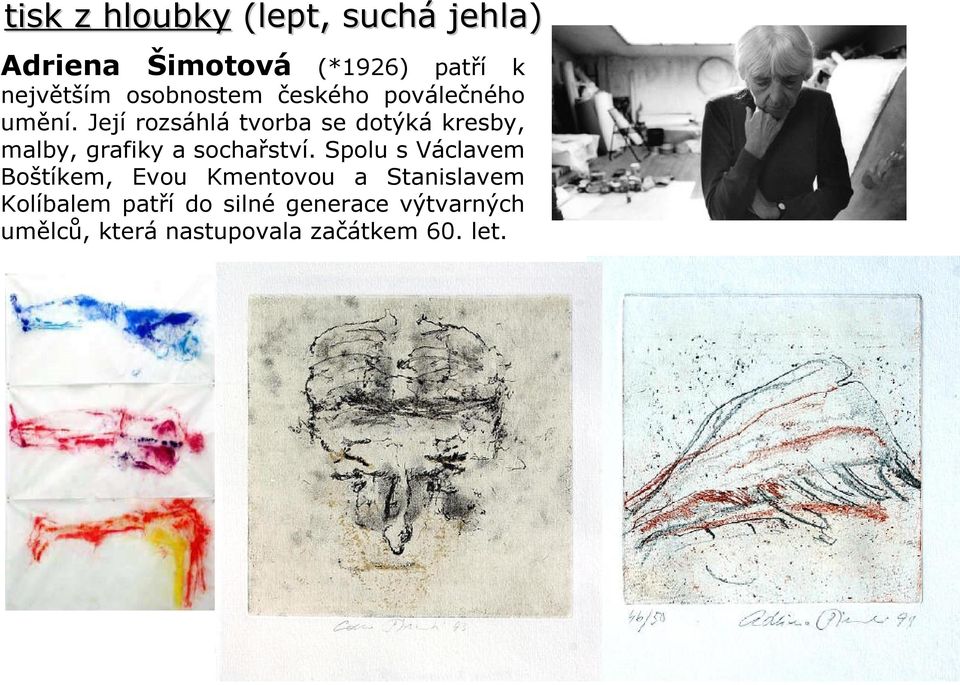 Její rozsáhlá tvorba se dotýká kresby, malby, grafiky a sochařství.